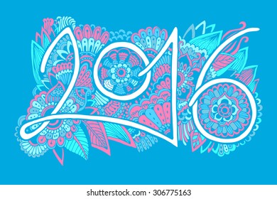 Chinese New Year. Beautiful hand drawn figures Symbol  2016 with doodle ornament postcard, price, congratulations. Blue colors