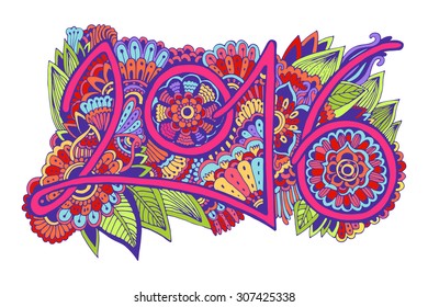 Chinese New Year. Beautiful hand drawn figures Symbol  2016 with doodle ornament postcard, price, congratulations. Bright colors