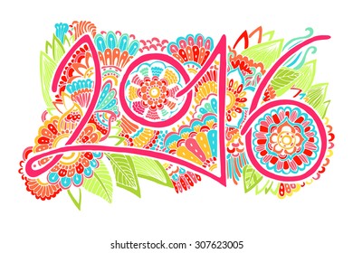 Chinese New Year. Beautiful hand drawn figures Symbol  2016 with doodle ornament postcard, price, congratulations. Bright colors