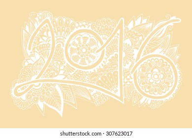 Chinese New Year. Beautiful hand drawn figures Symbol  2016 with doodle ornament postcard, price, congratulations. White and yellow colors