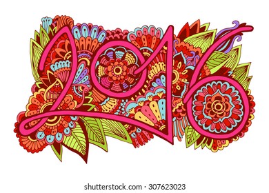 Chinese New Year. Beautiful hand drawn figures Symbol  2016 with doodle ornament postcard, price, congratulations. Bright colors