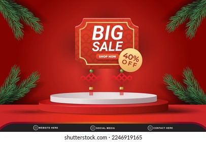 chinese new year big sale discount template banner with blank space 3d podium for product sale with abstract gradient red background design