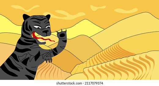 Chinese new year of the black water tiger poster. Greeting card with china traditional annual astrology symbol. Hand drawn banner to eastern calendar 2022. Asian fields folk abstract vector drawing