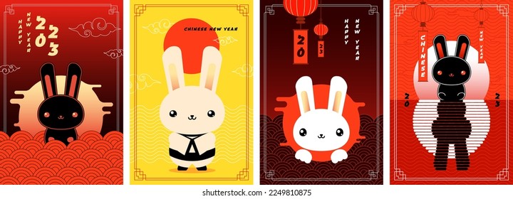 Chinese New year of black water rabbit poster set. Greeting card collection of China traditional annual zodiac symbol hare. Asian trendy abstract eps design placard templates to eastern calendar 2023