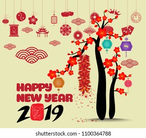 Chinese new year with blossom and firecracker