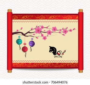 Chinese new year with blossom and lantern. Traditional Chinese handscroll of painting