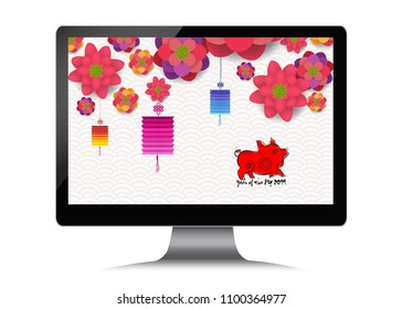 Chinese new year with blossom on monitor. Year of the pig