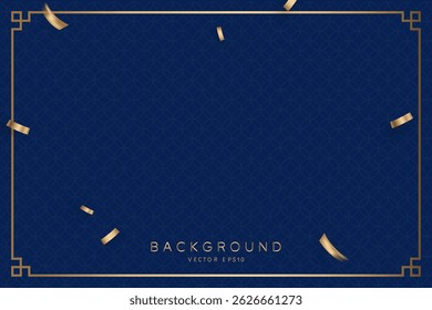 Chinese New Year blue background with oriental style pattern, confetti and rectangle line golden frame, spring festival, vector design