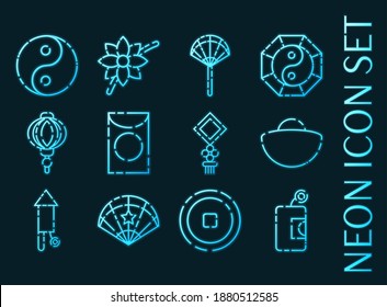 Chinese new year blue glowing neon icons