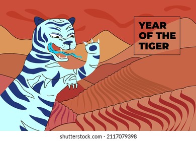 Chinese new year of the blue water tiger horizontal poster. Greeting card with china traditional annual symbol. Hand drawn banner to eastern calendar 2022. Asian fields folk abstract vector drawing