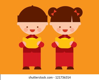 chinese new year boy and girl with gold ingot vector/illustration