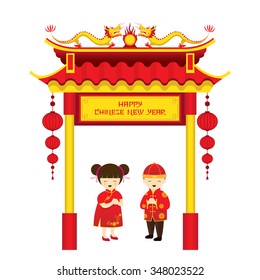 Chinese New Year, Boy, Girl and Gate, Traditional Celebration