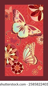 Chinese New Year butterfly and flower design on red background. Template for red packets, cards, posters, banners, ads.