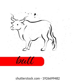 Chinese New Year calendar bull animal silhouette isolated on white textured background. Vector hand drawn sketch style illustration. For, banners, cards, advertising, congratulations.