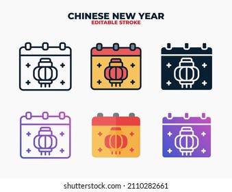Chinese New Year Calendar icon set with different styles. Icons designed in filled, outline, flat, glyph and line colored. Editable stroke and pixel perfect. Can be used for web, mobile, ui and more.