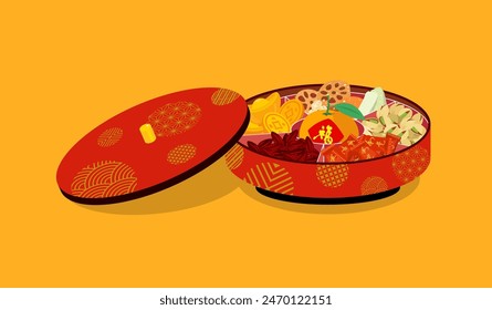 chinese new year candy box. chinese words on mandarin means "luck".chocolate coins, lotus root, kumquat, winter melon, melon seeds, Pistachio. Asia lunar traditional food clipart.Tray of Togetherness.