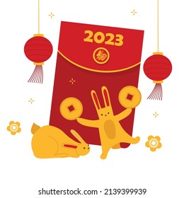 Chinese New Year Card, 2023 year of rabbit. Concept of celebrating holiday with big red envelope and rabbits playing with gold coins. Flat hand drawn vector illustration