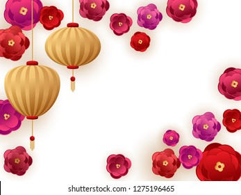 Chinese new year card background with hanging gold lanterns and red paper cut sakura flowers vector design. Red and gold abstract chinese cherry flowers and New Year lanterns vector illustration.