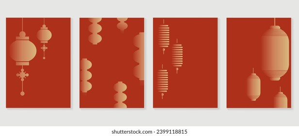 Chinese New Year card background vector. Year of the dragon design with golden gradient chinese lantern. Elegant oriental illustration for cover, banner, website, calendar, envelope.