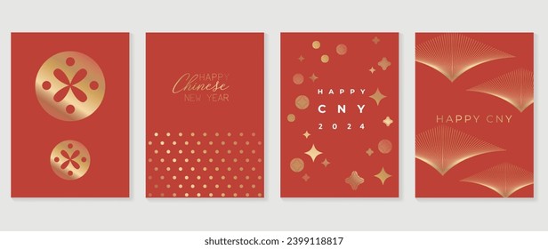 Chinese New Year card background vector. Year of the dragon design with golden chinese coin, flower, line, spot, pattern. Elegant oriental illustration for cover, banner, website, calendar.