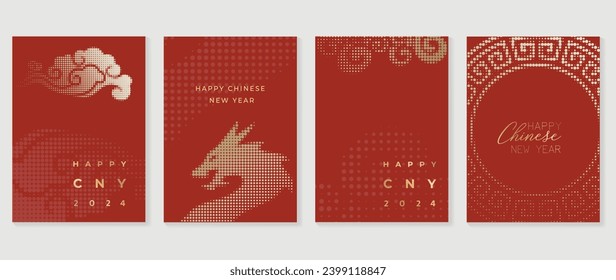 Chinese New Year card background vector. Year of the dragon design with golden dragon, chinese lantern, cloud, halftone. Elegant oriental illustration for cover, banner, website, calendar, envelope.