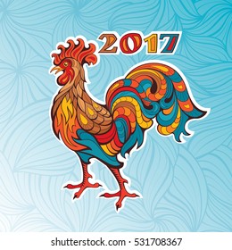 Chinese new year card with colorful rooster. Vector illustration