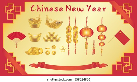 Chinese New Year card with chinese fan gold ingot coin lantern flag 