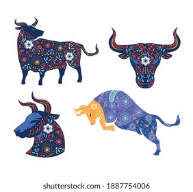 chinese new year card with floral pattern in oxen group vector illustration design