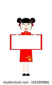Chinese new year card. Girl in red stand and hold blank board (white space). Use as greeting card or for marketing purpose by adding text related to sales and advertising campaign. Vector illustration
