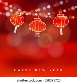 Chinese new year card with hand drawn paper lanterns and lights, vector illustration background