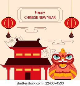 Chinese new year card with chinese house and line dances