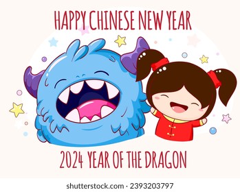 Chinese New year card in kawaii style. Cute little girl with baby dragon. Lunar New year holiday card, Gift tag, badge, sticker with baby friends - girl and asian tiny dragon. Vector illustration EPS8