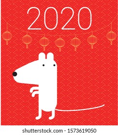 chinese new year card with lanterns and white rat. symbol of the 2020 year.