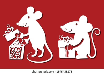 Chinese New Year card for laser cut. Happy rat takes cheese out the box. Rat holds gift