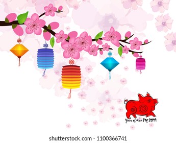 Chinese New Year card with plum blossom and lantern