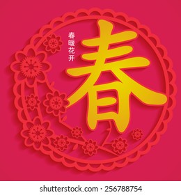 Chinese New Year card with plum blossom. Chinese Calligraphy CHUN, Translation: spring, spring season. Translation of caption: Flowers Blossom When Spring Come