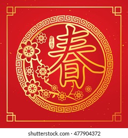 Chinese New Year card with plum blossom. Chinese Calligraphy CHUN, Translation: spring, spring season. Translation of caption: Chinese New Year