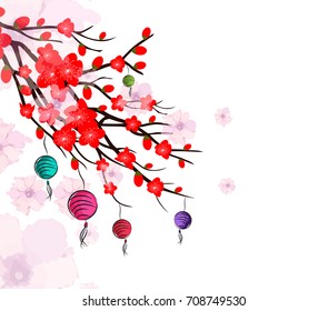 Chinese New Year card with plum blossom and lantern