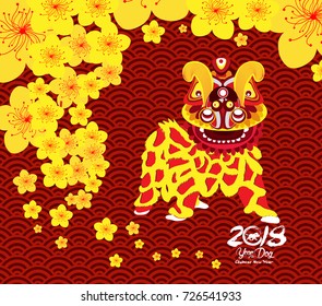 Chinese New Year card with plum blossom and lion dance in traditional chinese background