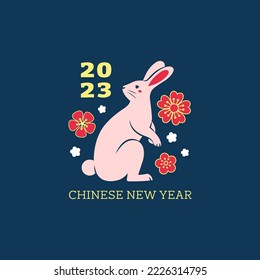 Chinese new year card. Chinese rabbit with flowers. Flat vector illustration.