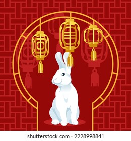 chinese new year card with rabbit. With traditional lanterns and geometric ornament on a red background. Vector flat illustration