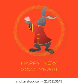 Chinese new year card with the symbol of the year - Black Rabbit with water inspired ornament