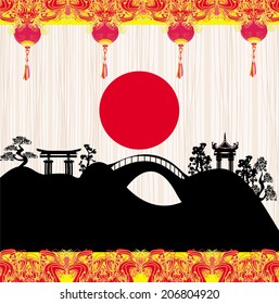 Chinese New Year card - Traditional lanterns and Asian buildings 