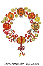Chinese New Year card with the wreath of stylized lanterns, firecrackers and coins. Colorful on the white background. Chinese characters: happiness, peace, double happiness. EPS10 Vector.