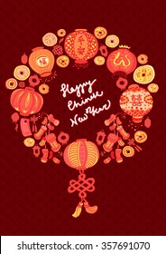 Chinese New Year card with the wreath of stylized lanterns, firecrackers and coins. Colorful on the dark red background witj wave. Chinese characters: happiness, peace, double happiness. EPS10 Vector.