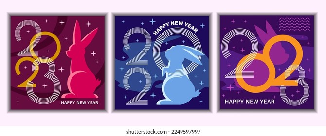 Chinese New Year cards with rabbits, Chinese zodiacal sign, symbol of the 2023 year. Vector art, invitation, greeting, decoration, posters.