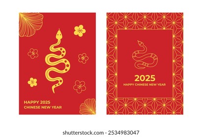 Chinese new year cards. Chinese spring festival greeting cards. 2025 year of the snake. Floral and Asian ornament. Chinese lunar new year banners.