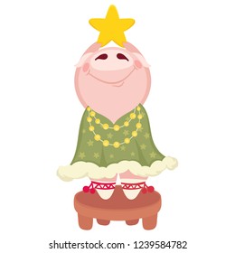 Chinese New Year. Cartoon cheerful piglet in green dress with gold star. Template for card, stamp, print. The year of the pig. Isolated vector illustration on white background.