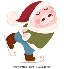 Chinese New Year. Cartoon cheerful piglet on skates. Christmas character. Template for card, stamp, print. The year of the pig. Isolated vector illustration on white background.