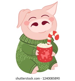 Chinese New Year. Cartoon cheerful piglet with red cup and marshmallow. Christmas character. Template for card, print. The year of the pig. Isolated vector illustration on white background.